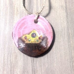 Pink cat princess small wooden ornament hand painted round wood slice Xmas tree